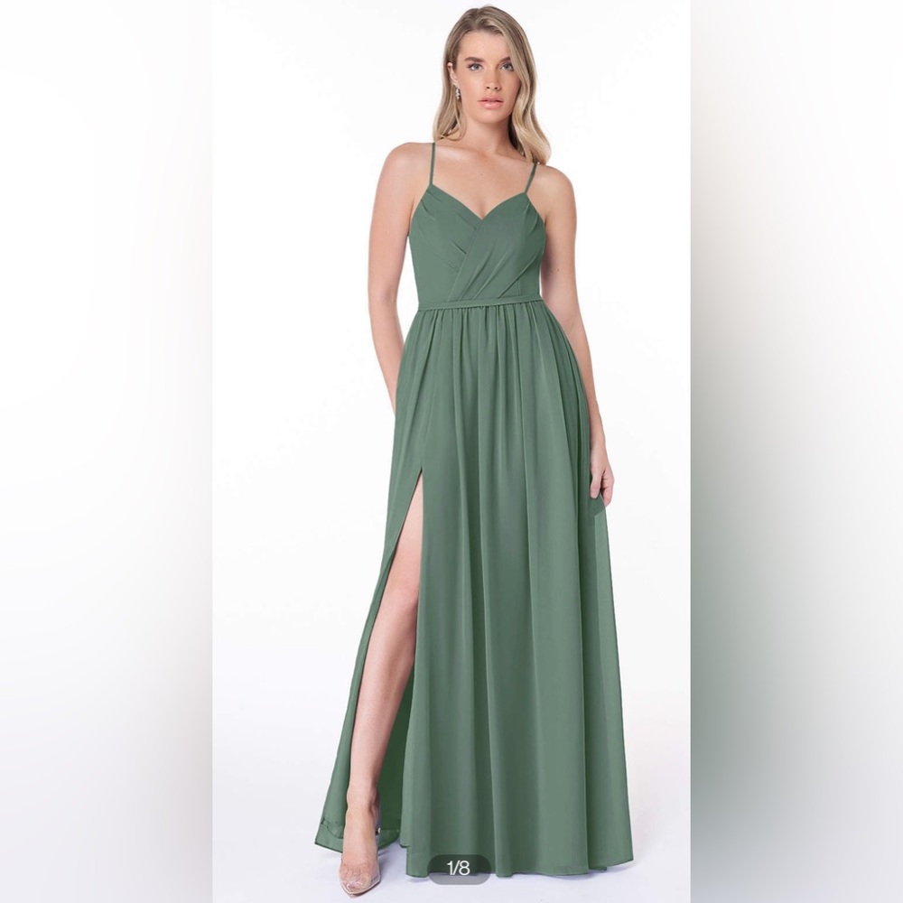 Azazie Cora A-Line Pleated Chiffon Floor-Length Dress Eucalyptus (size 2)